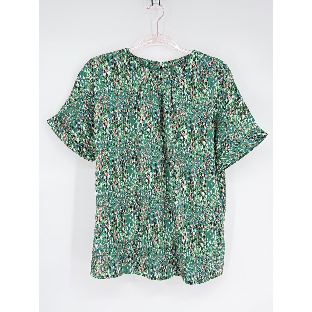 Skue Green Print Blouse Top Womens Short Sleeve Casual Career Sz L